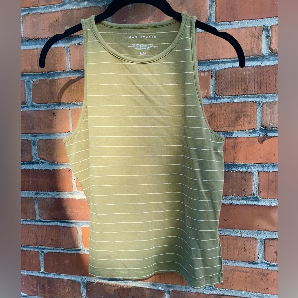 Olive high neck cropped tank w/ gold pinstripes